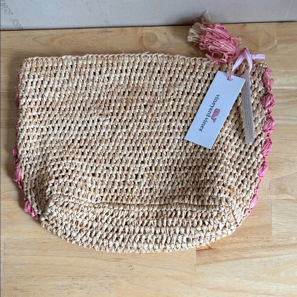 Vineyard Vines Natural Straw Clutch with Pink Tassel Trim